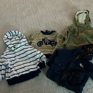 Size 12 month Baby boy, long sleeve lot. 2 zip up hoodies, 1 LS hoodie, sweater